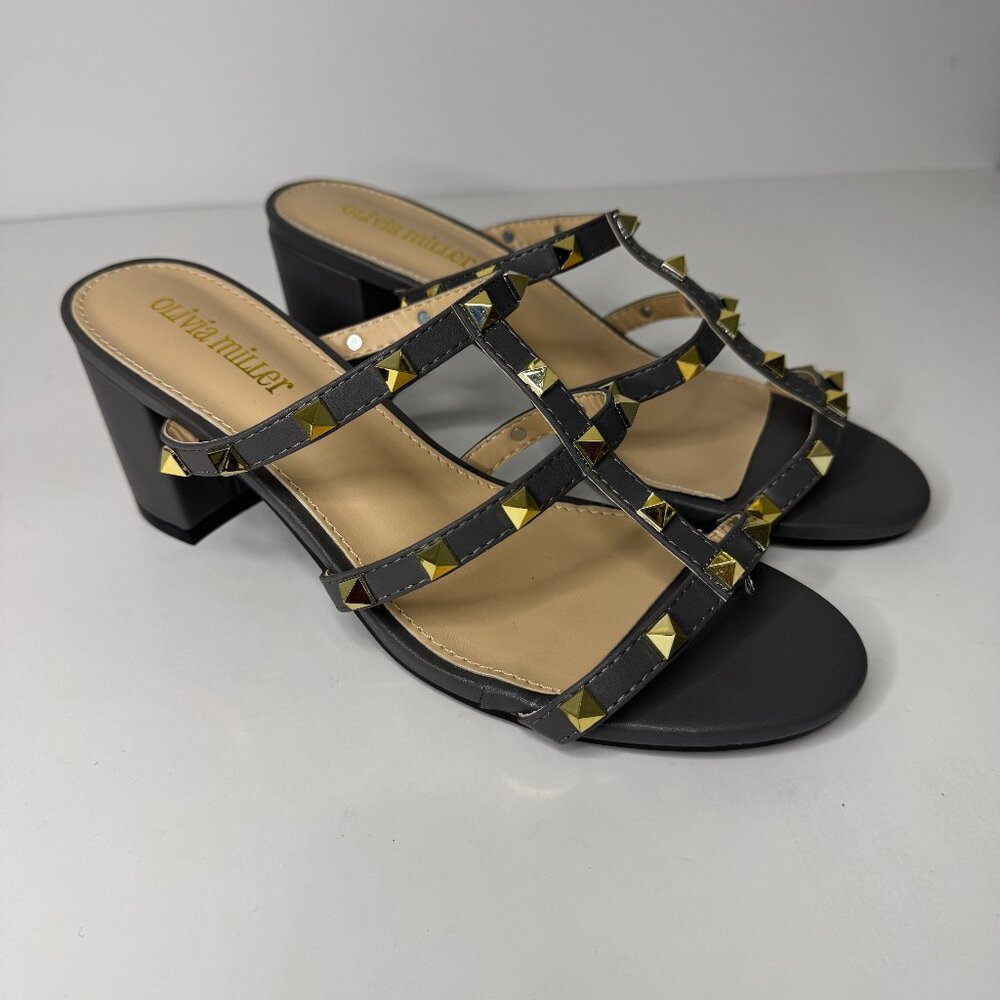 Olivia Miller Grey/Gold Open Toe Strappy Block Heel Mules Size 9